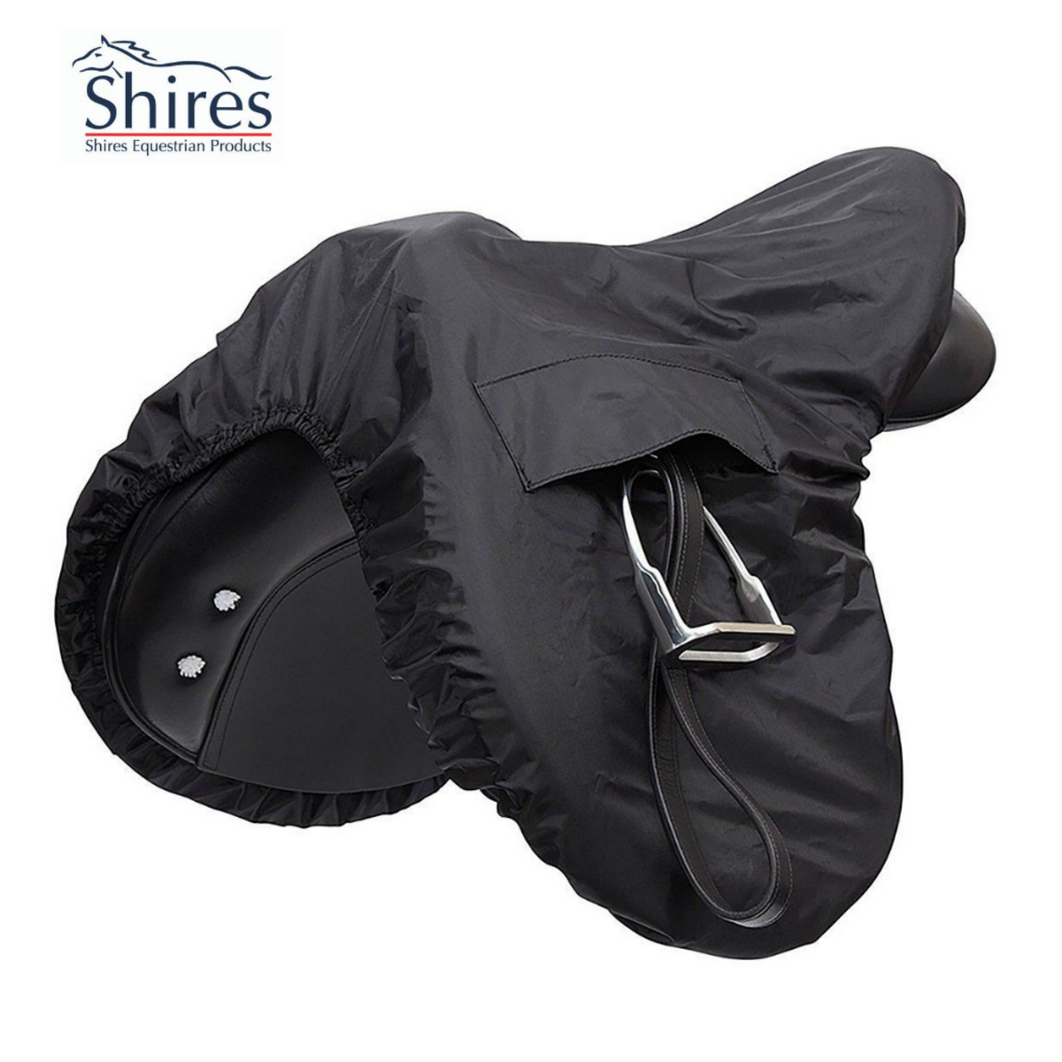 A black waterproof ride on saddle cover from Shires with elastic edging and reinforced stirrup slots, designed to protect a saddle from inclement weather.