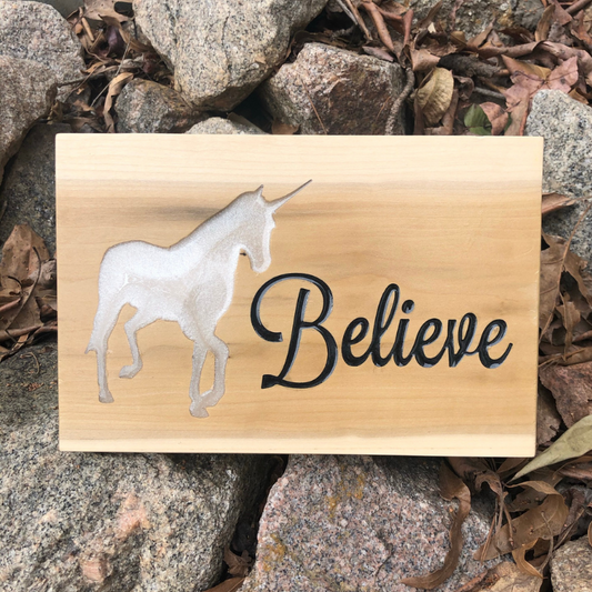 Hand Crafted Unicorn "Believe" Sign