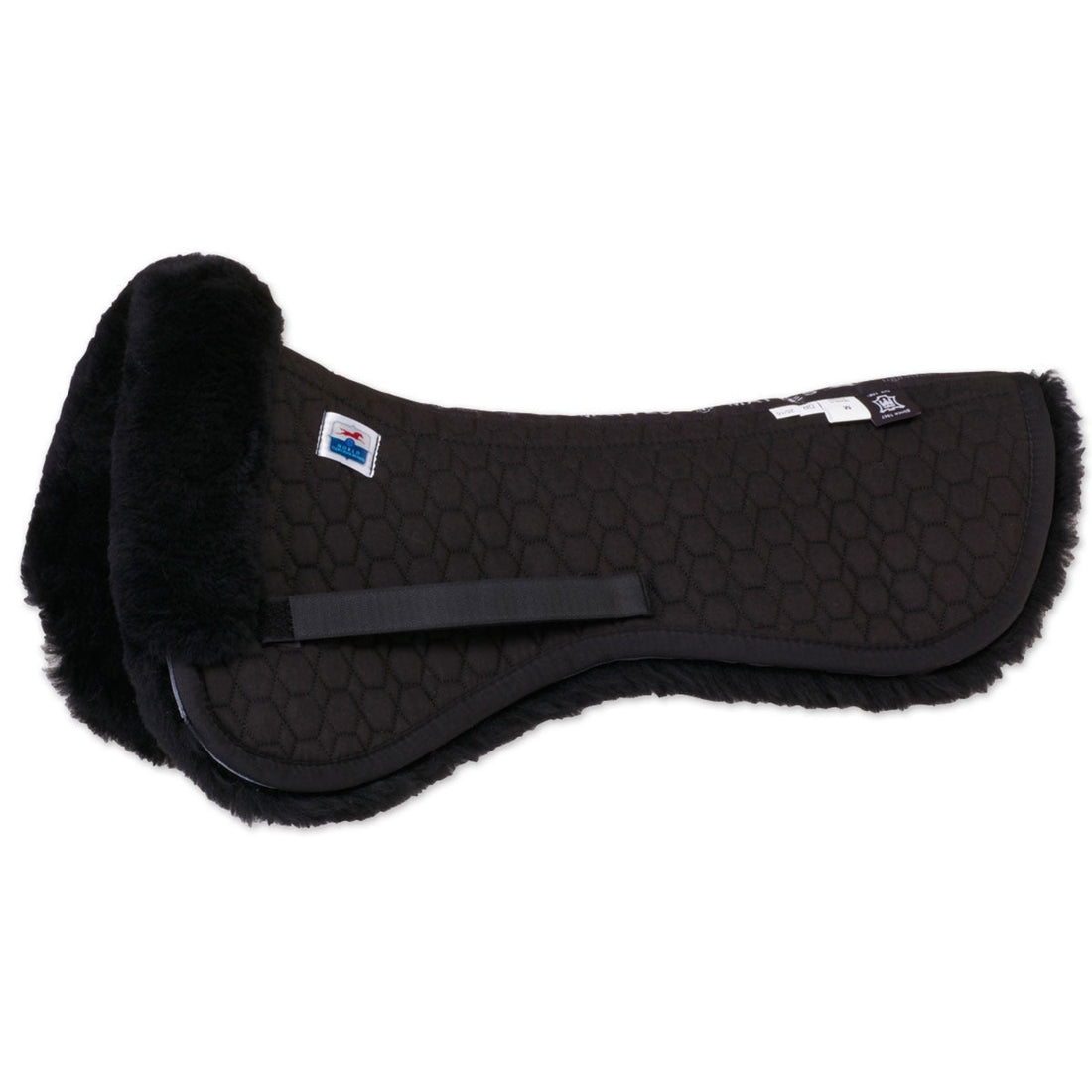 A black Mattes Dressage Sheepskin Half Pad with a quilted pattern and beige sheepskin edging.