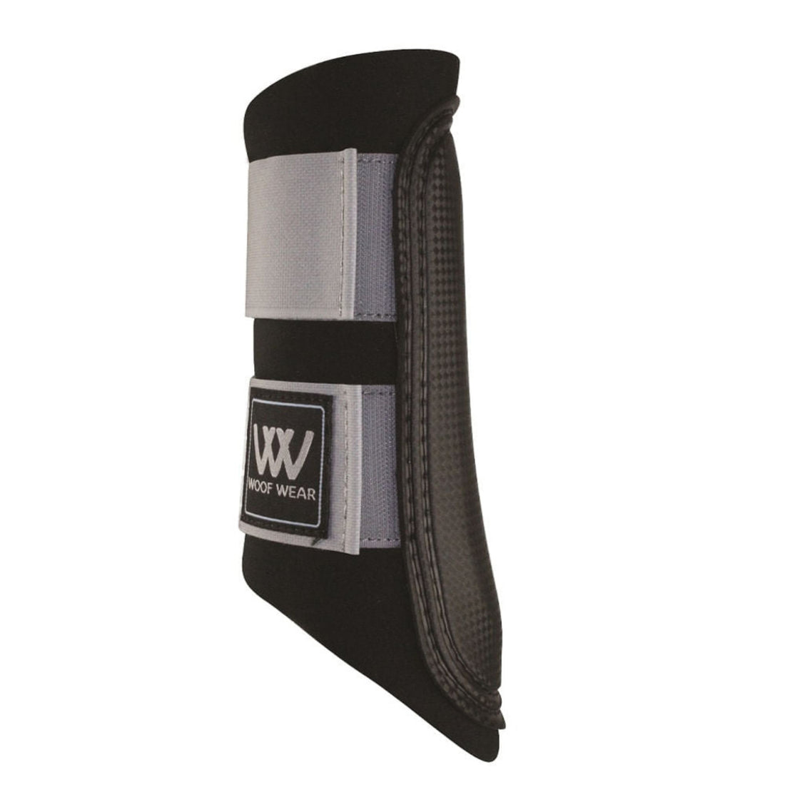 A single black Woof Wear Sport Brushing Boot designed for horses, featuring a strike pad and an ergonomic design that wraps around the leg.