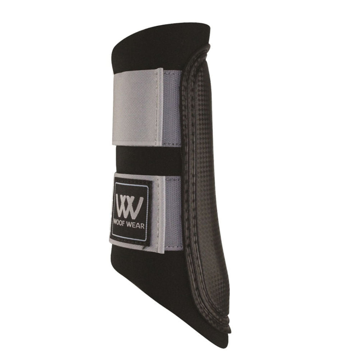A single black Woof Wear Sport Brushing Boot designed for horses, featuring a strike pad and an ergonomic design that wraps around the leg.
