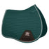 A British Racing Green quilted saddle pad with silver binding, featuring girth straps, and the Woof Wear logo.