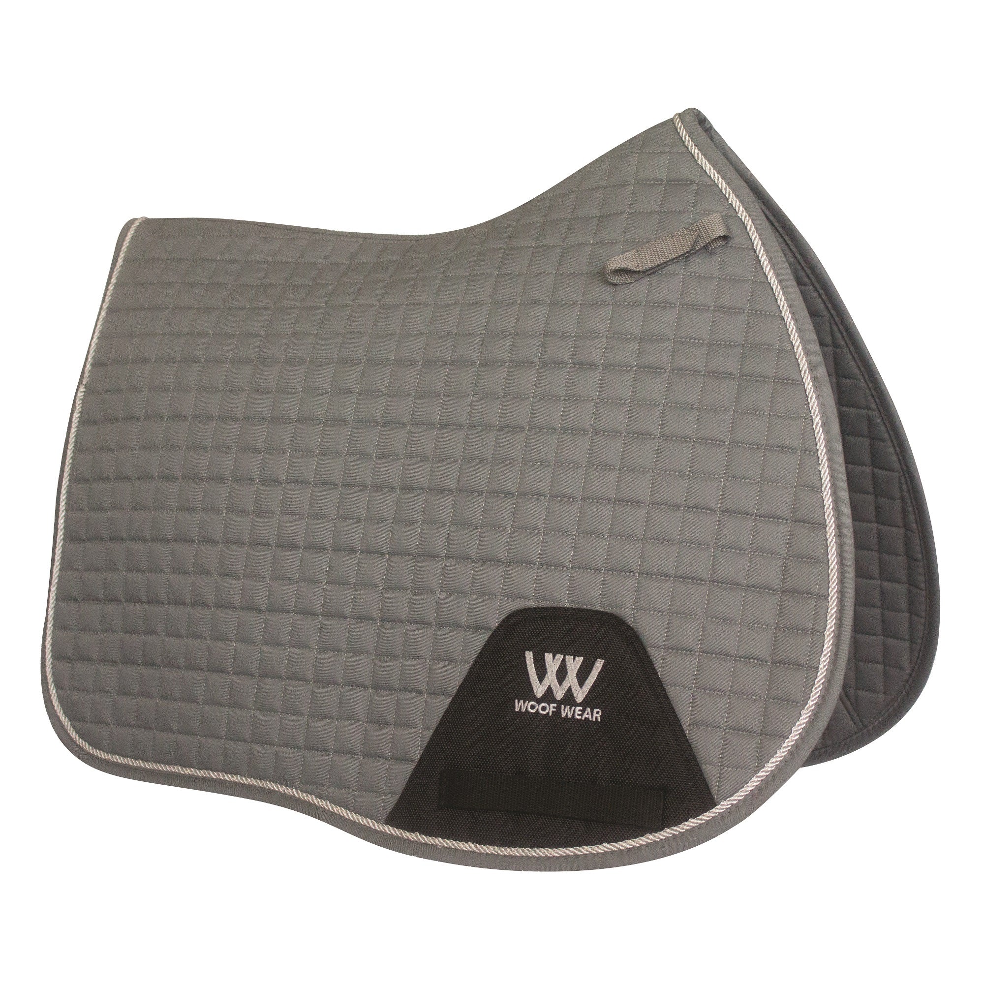 A brushed steel color quilted saddle pad with silver binding, featuring girth straps, and the Woof Wear logo.