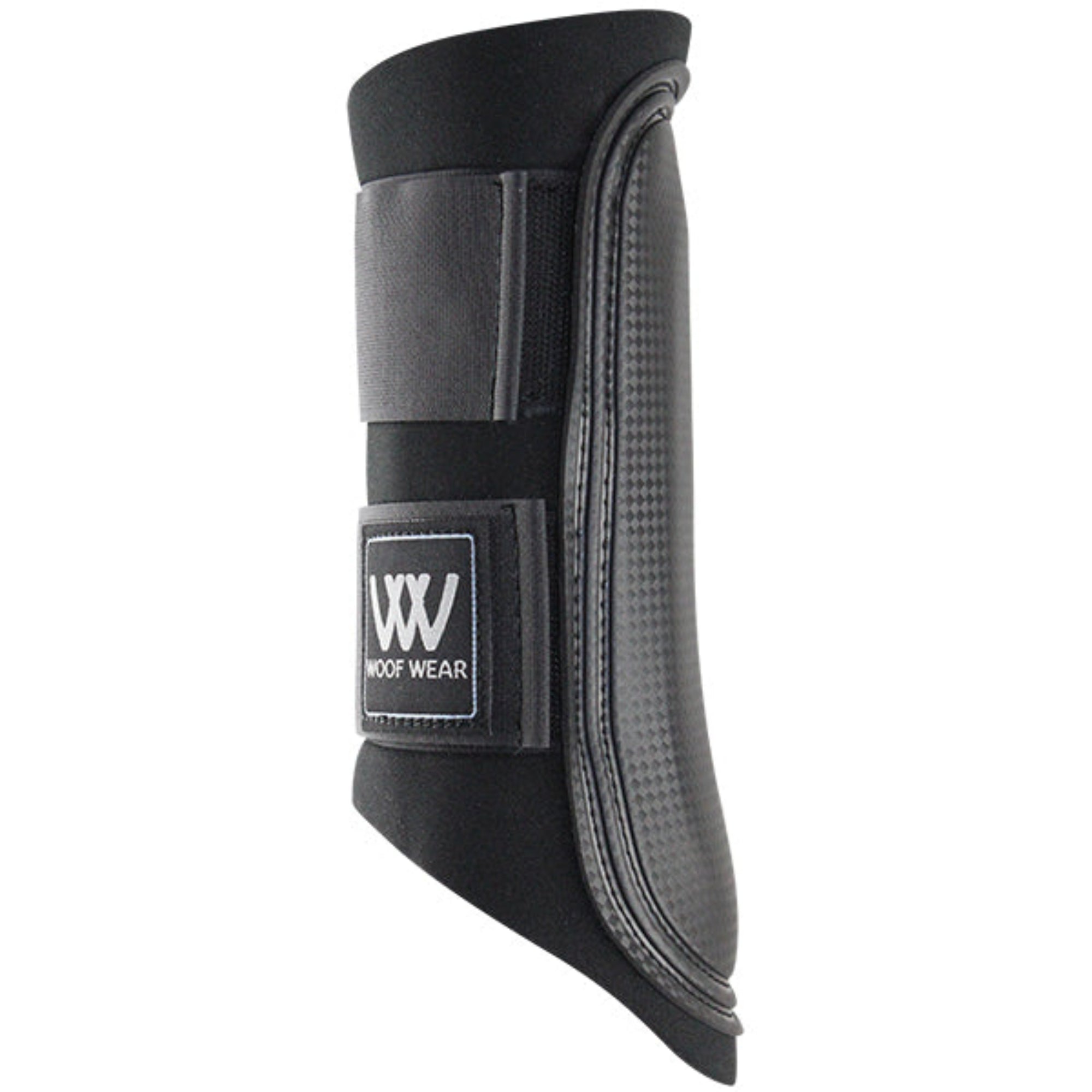A black and white Woof Wear Sport Brushing Boot designed for horse protection.