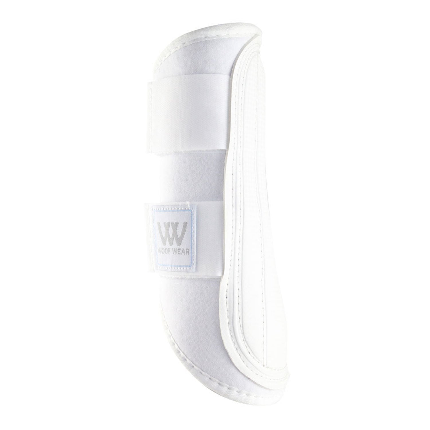 A single white brushing boot for horses with a logo on the strap.