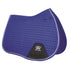 An Electric Blue color quilted saddle pad with silver binding, featuring girth straps, and the Woof Wear logo.
