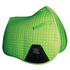 A lime green quilted saddle pad with silver binding, featuring girth straps, and the Woof Wear logo.