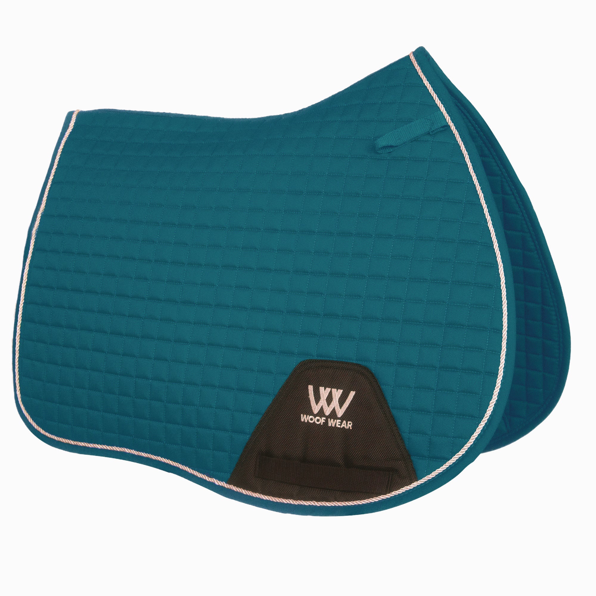 An Ocean Blue quilted saddle pad with silver binding, featuring girth straps, and the Woof Wear logo.