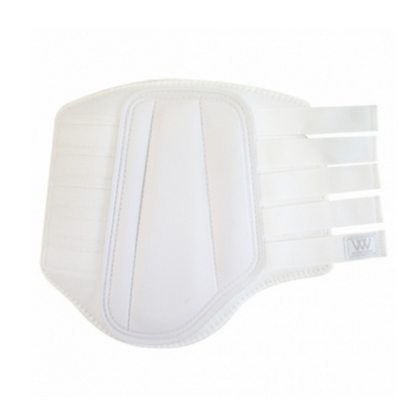 A white brushing boot for horses to wear.